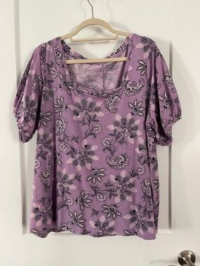Lane Bryant Lavender Floral Square Neck Short Sleeve Top